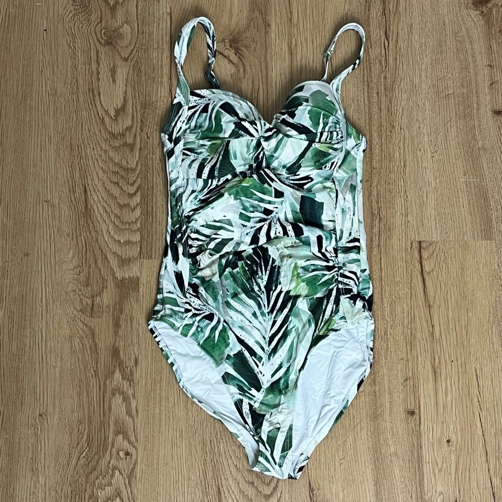 NIPTUCK Green Ruched Multi‎ Fit Cup Tropical Leaf Print One Piece Swimsuit US 4